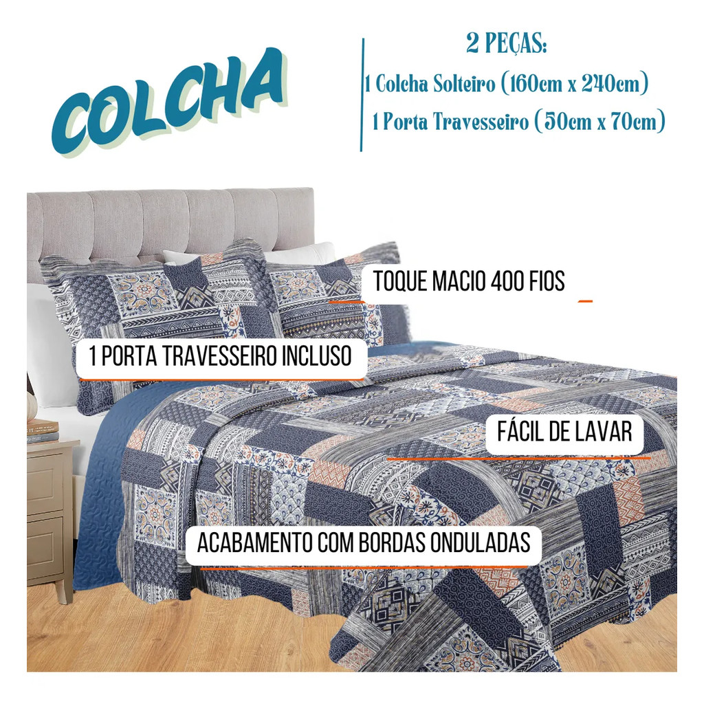 Colcha Edredom Solteiro Mikasa Com Porta Traveseiro 2 Peças - Imagem 3